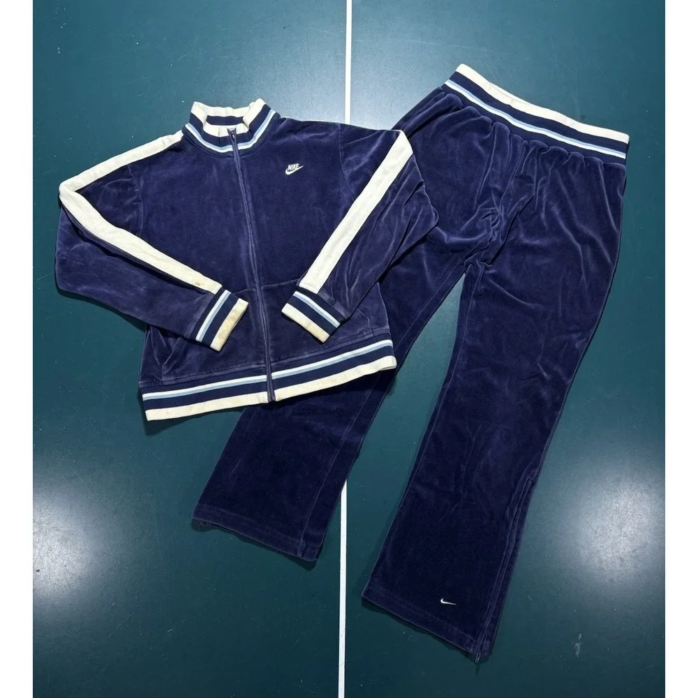 Vintage Nike Velour Tracksuit Womens M Blue Striped Jacket Pants Set Velvet Y2K
